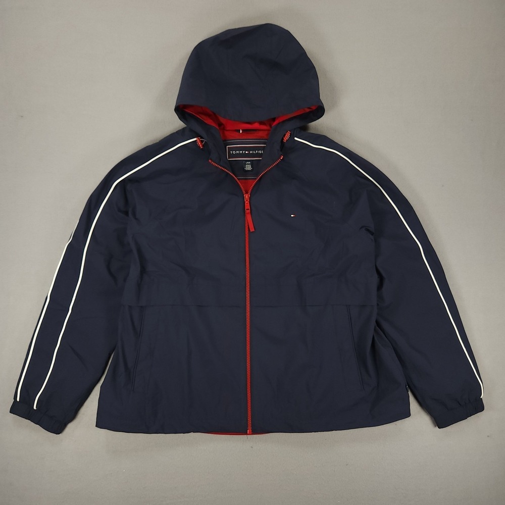 Tommy Hilfiger Windbreaker Jacket Mens L Navy Side Stripe Full Zip